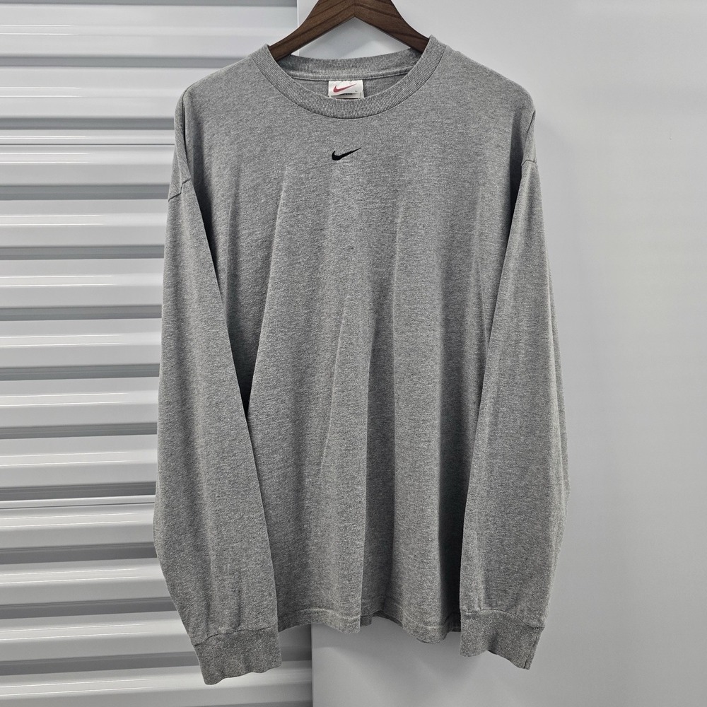 Vintage Nike Mens Large Gray Long Sleeve T Shirt Made USA Swoosh Y2K 2000s